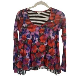 Anthropologie Weston Garden Row Mesh Floral Stripe Blouse Top Womens Size XS